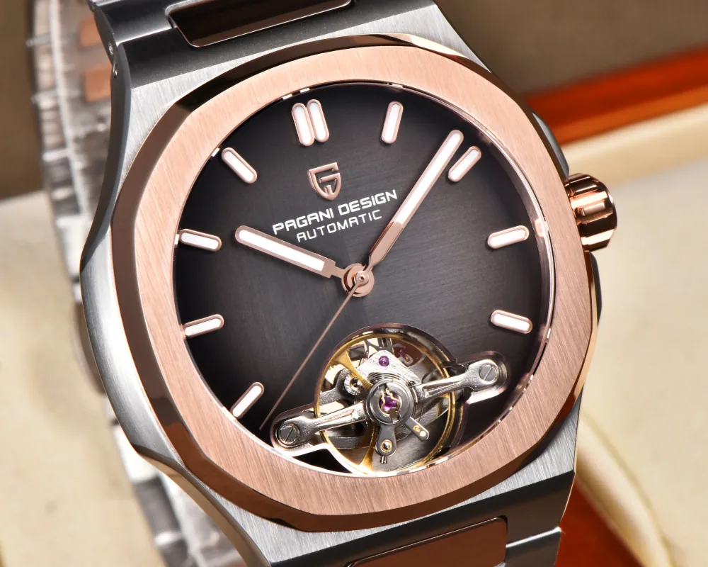 Extreme close-up of the Pagani Design rose gold skeleton tourbillon window and textured brown dial.
