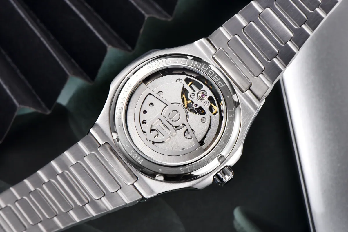 Close-up of the transparent case back of a Pagani Design watch showing the intricate automatic movement.