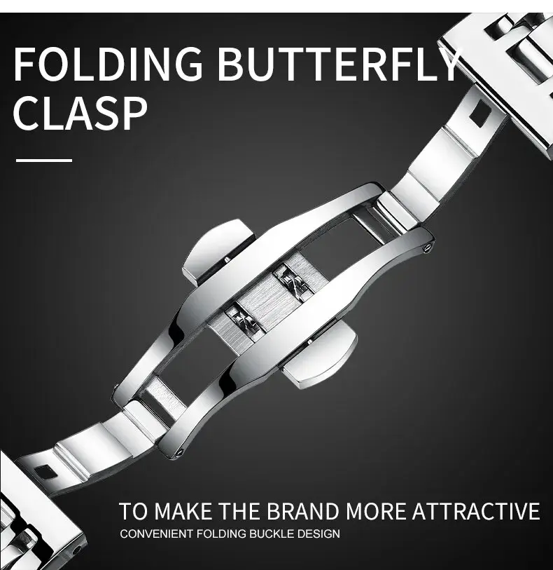 Detailed view of the premium folding butterfly clasp on the POSHI watch strap.
