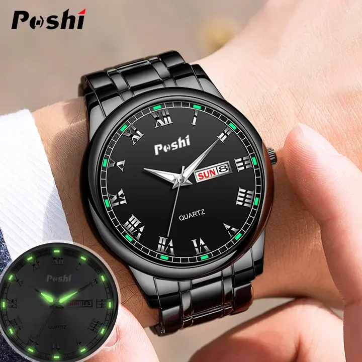 POSHI black watch on a man's wrist with a small inset showing the luminous glow.