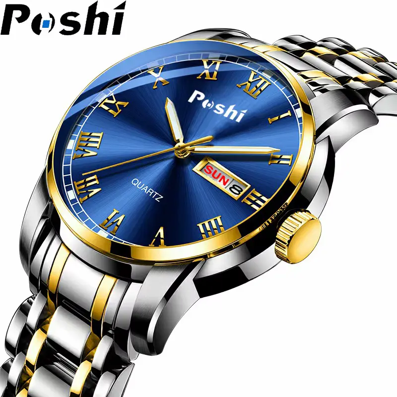 Side view of POSHI stainless steel watch showing the polished finish and crown.
