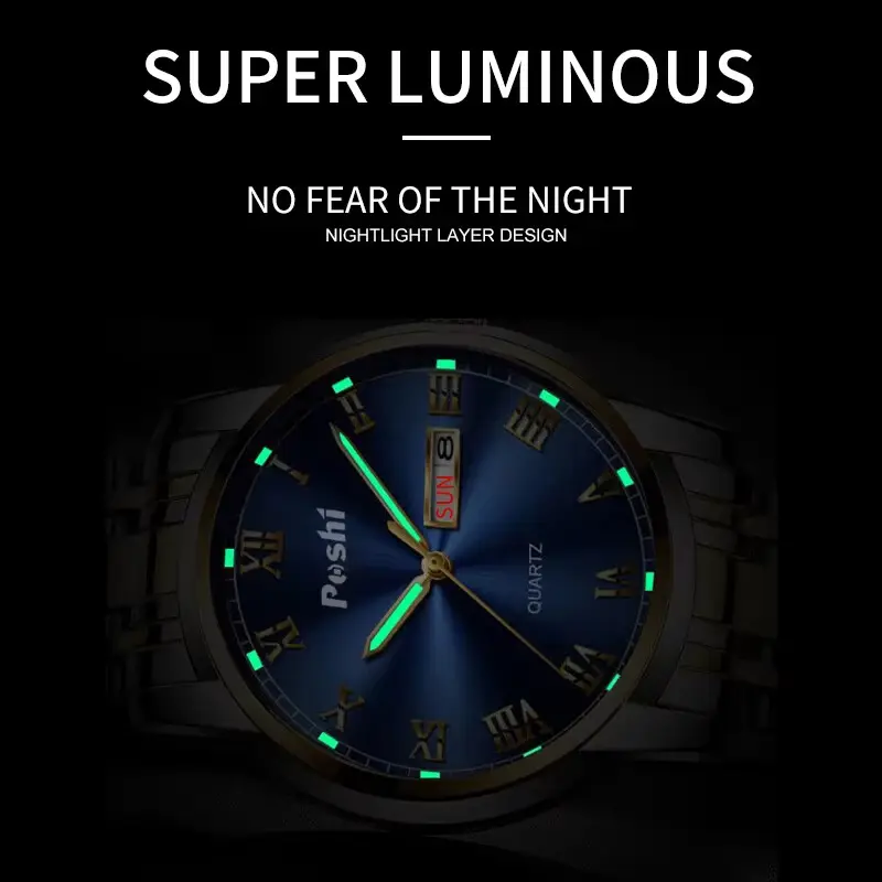 POSHI watch showing luminous hands and markers glowing in the dark.