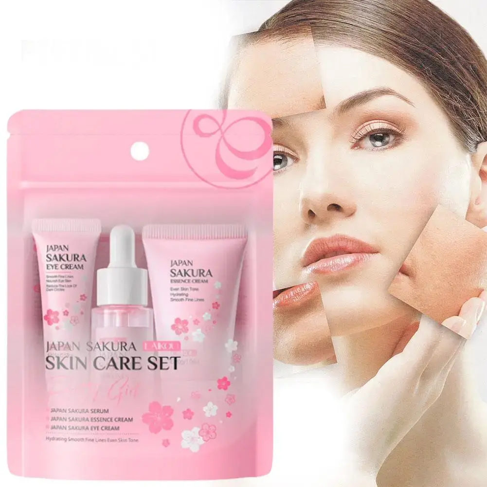 Before and after comparison showing the skin-brightening results of the Sakura skincare set.