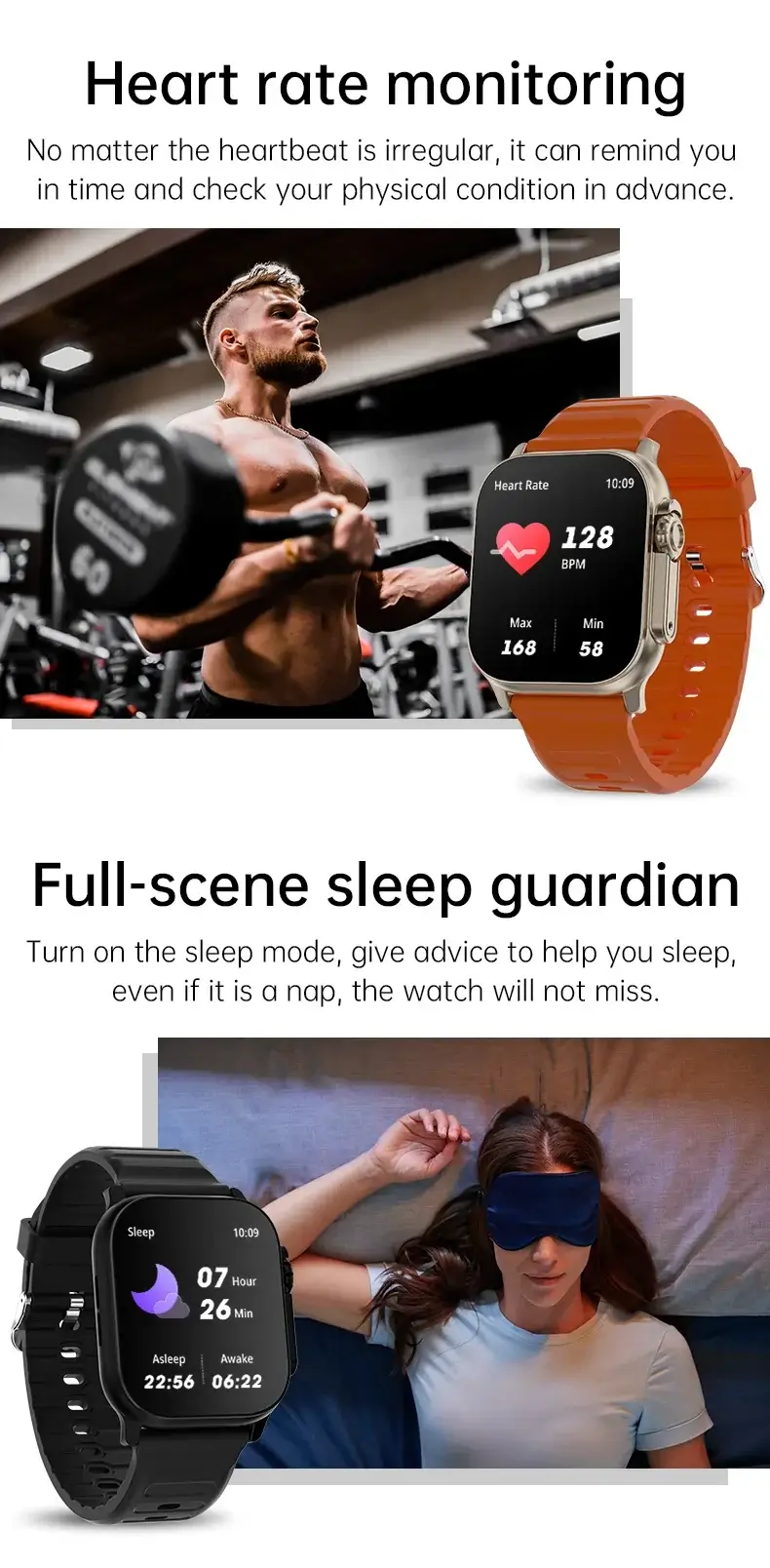 Heart rate monitoring and full-scene sleep guardian features on T900 Ultra 2