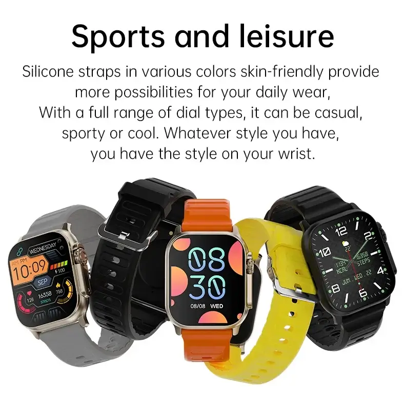 T900 Ultra 2 available in multiple skin-friendly silicone strap colors (Orange, Black, Yellow, Grey)