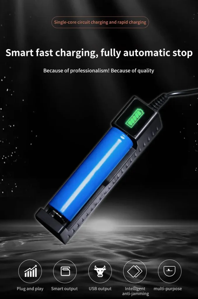 Universal 18650 smart USB battery charger with fully automatic stop and rapid charging.