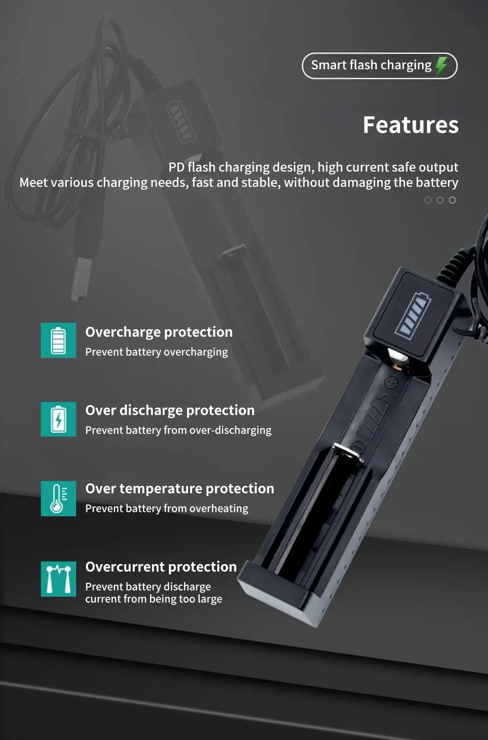 Universal 3.7V lithium battery smart charger with PD flash charging and over current protection.