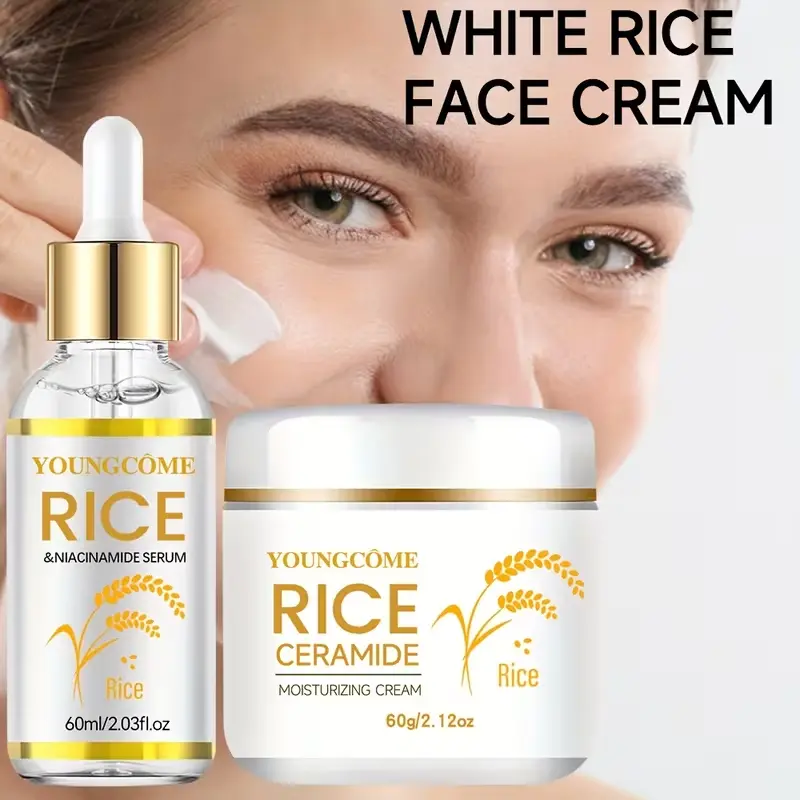Woman applying Youngcome White Rice Face Cream for instant skin brightening and hydration.