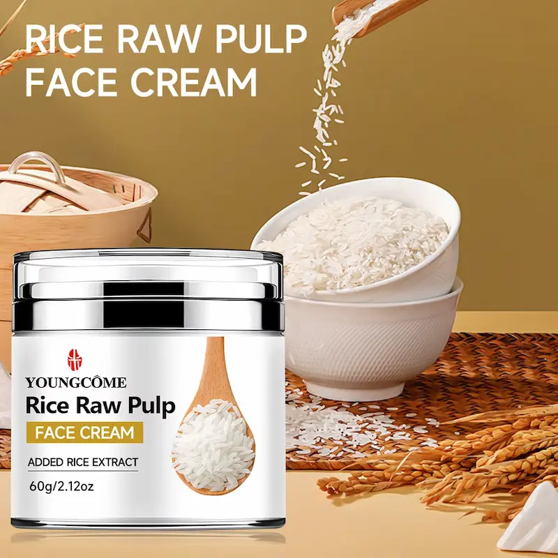 Youngcome Rice Raw Pulp Face Cream 60g jar with rice grains featured in our Rice Face Cream Review.