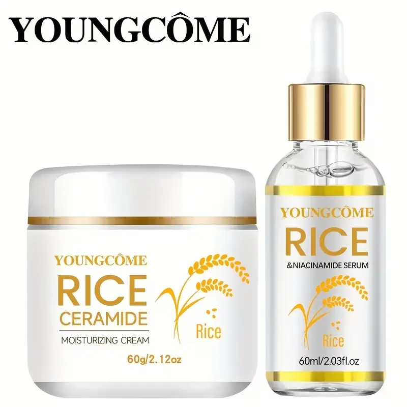 Professional studio shot of Youngcome 60g Rice Ceramide Cream and 60ml Niacinamide Serum.