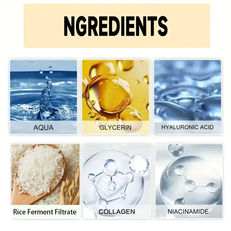 Infographic showing ingredients: Rice Ferment Filtrate, Collagen, Niacinamide, Hyaluronic Acid, and Glycerin.