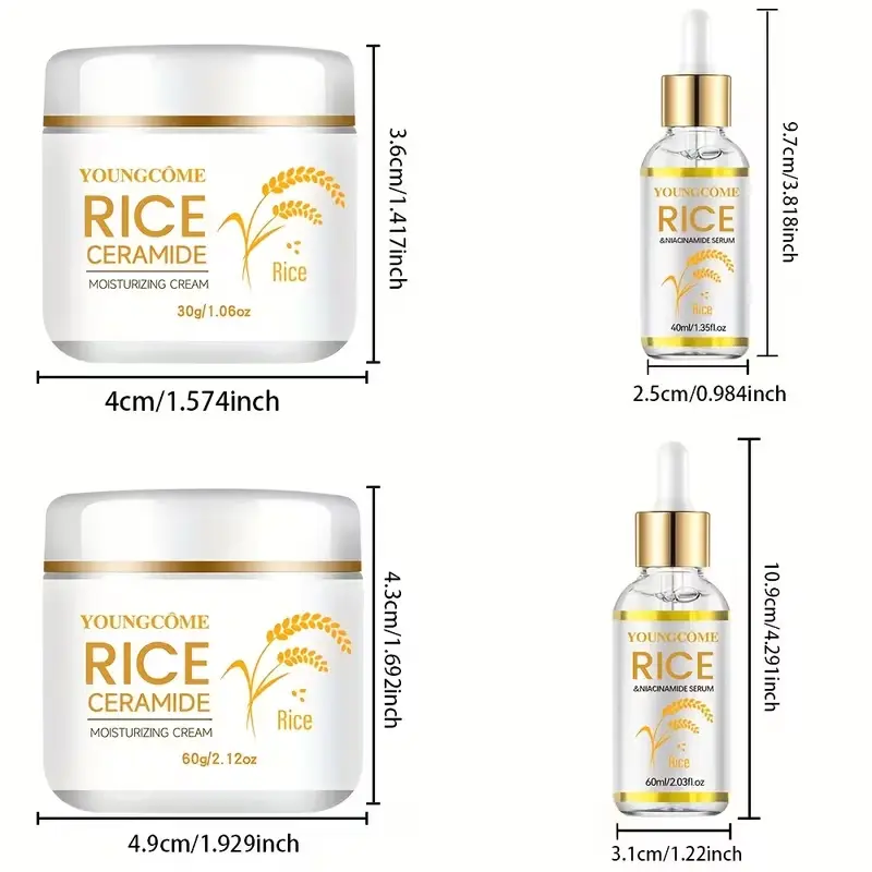 Measurement chart showing 30g and 60g sizes of Youngcome rice cream and serum in inches.