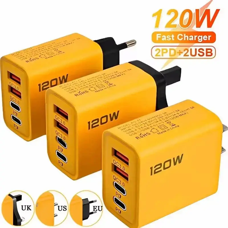Yellow multi-port power adapter showing UK, US, and EU plug variants.
