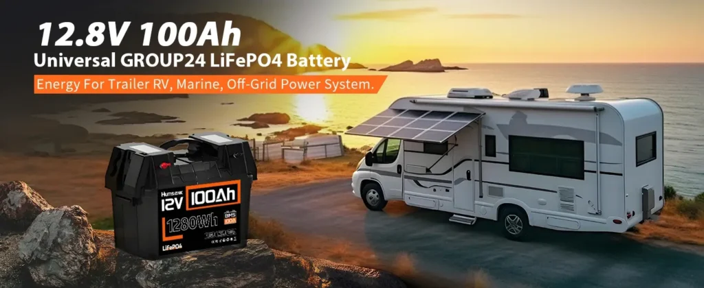 Universal Group 24 lithium battery installed next to a luxury trailer RV at sunset