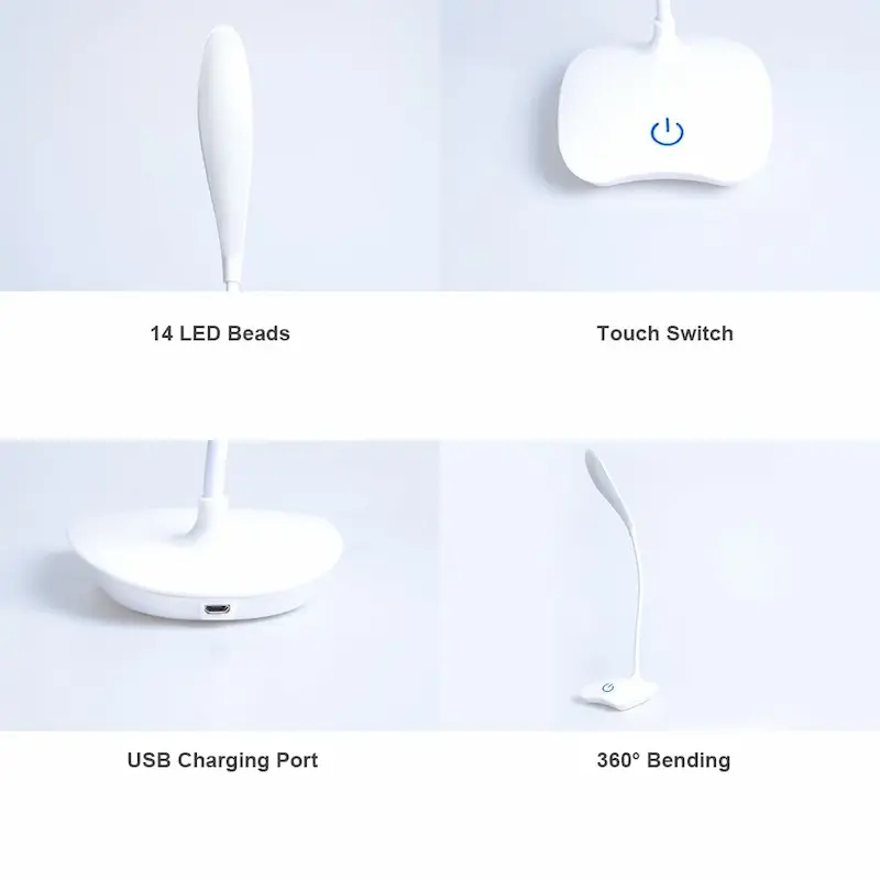 Features of LED eye protection lamp showing 14 LED beads touch switch USB charging port and 360 degree bending.