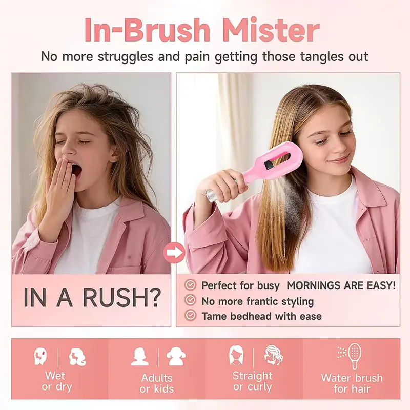 A side-by-side comparison of a girl struggling with messy morning bedhead versus smoothly styling hair with a water mist spray brush.