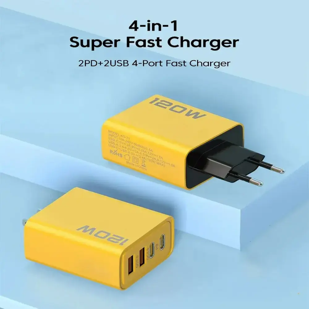 4-in-1 yellow 120w fast charger Review showcasing 2 PD type C and 2 USB ports.