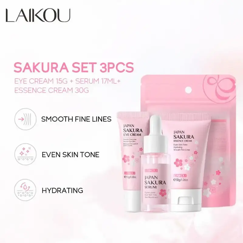 The components of the 3 pieces Japan Sakura Skincare Set showing packaging details and skincare benefits.