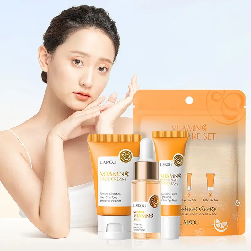 LAIKOU Vitamin C Skincare Set including Face Cream, Brightening Serum, and Eye Cream with a female model posing in the background.