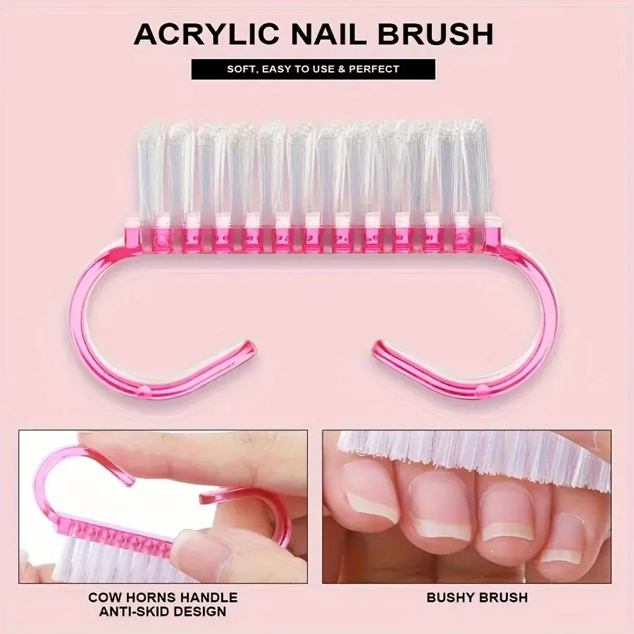 A pink acrylic nail brush with an anti-skid cow horn handle design and soft white bristles for cleaning nails.