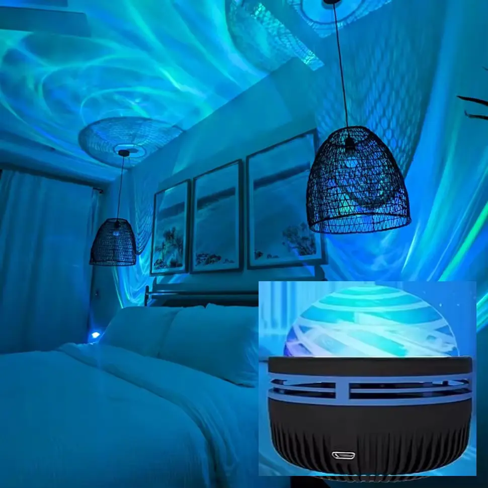 Aesthetic bedroom setup with blue nebula light projection on walls and ceiling.