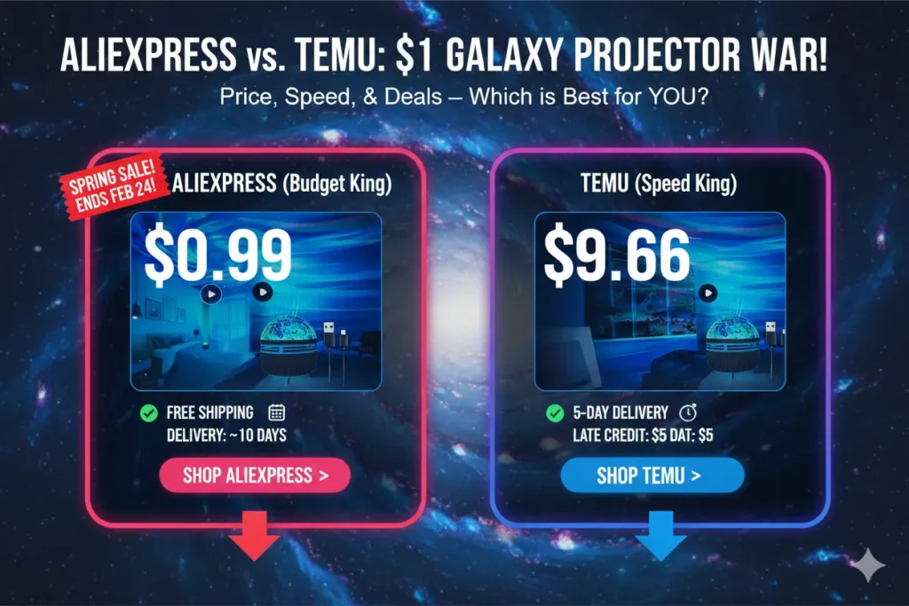 Comparison between AliExpress and Temu galaxy projector prices and delivery times.
