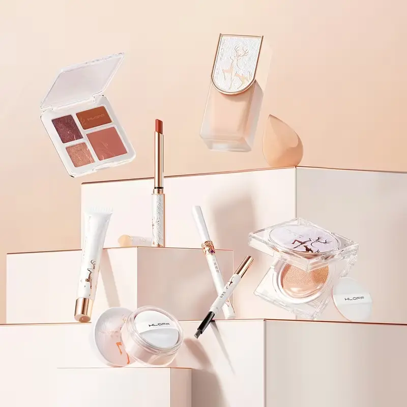 Floating display of the entire HLOFF makeup and skincare collection on a minimal background.