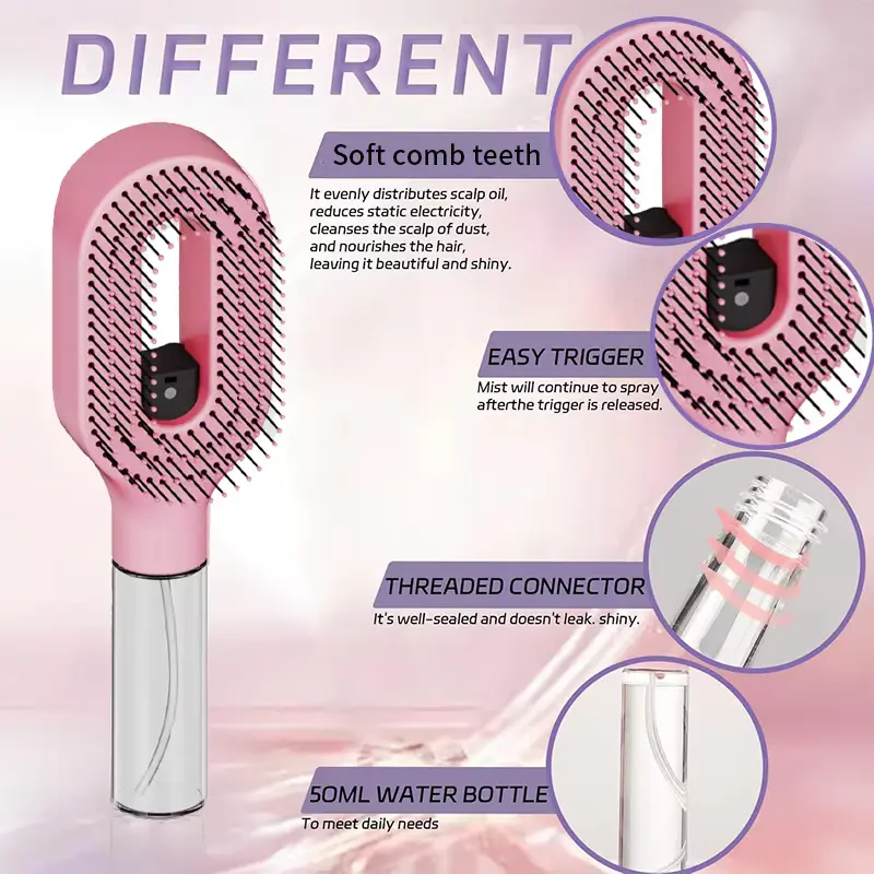 Detailed breakdown of the sprayer hairbrush features including soft comb teeth, easy trigger, and leak-proof threaded connector.