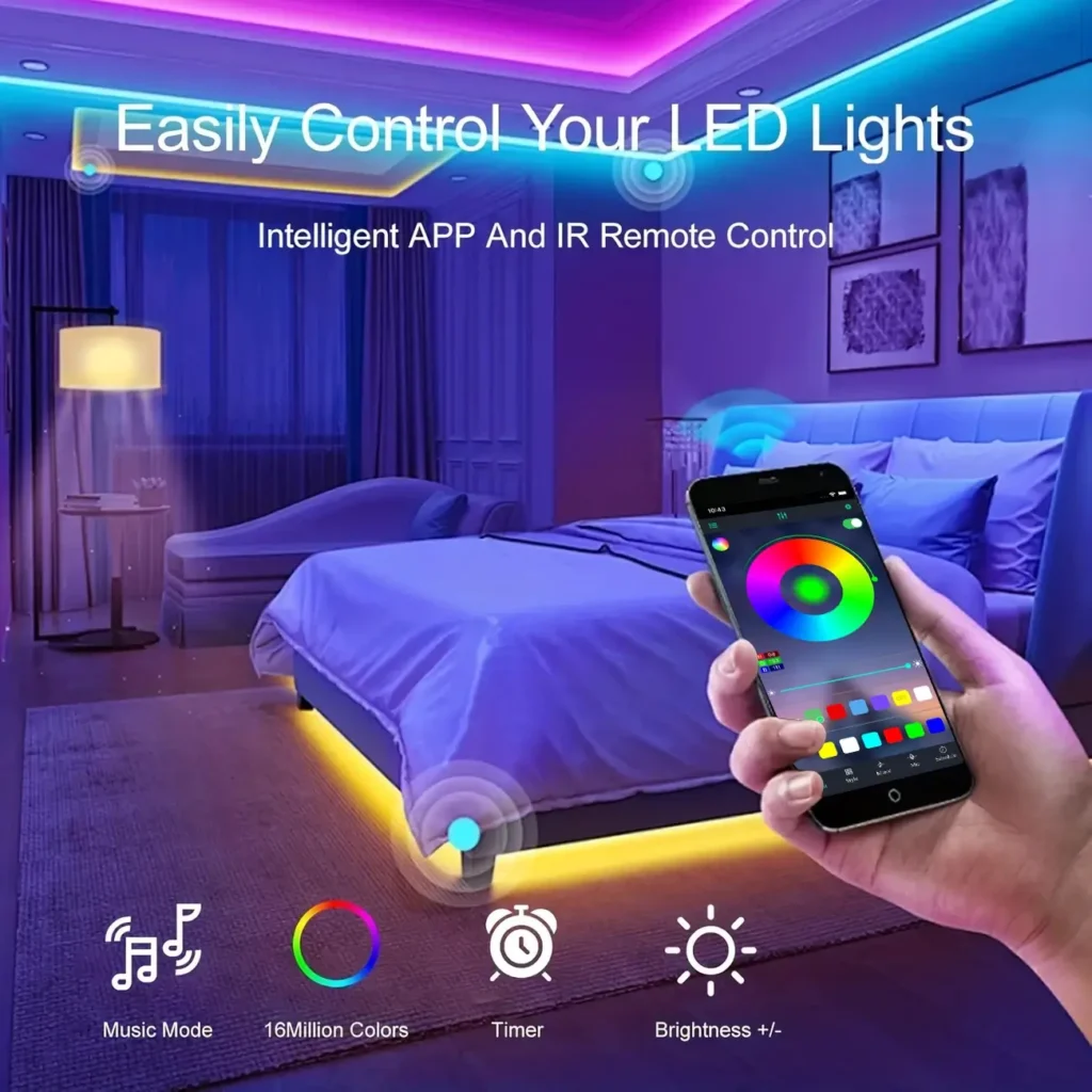 Controlling smart LED lights via mobile app featuring 16 million colors, timer, and music mode.