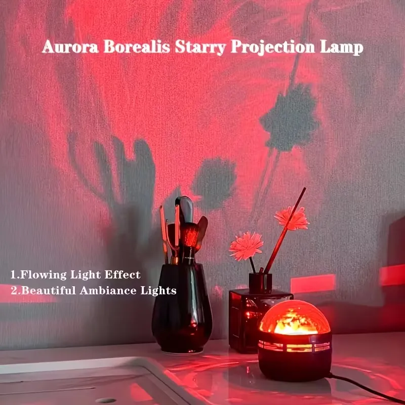 Red Aurora Borealis starry projection lamp creating a beautiful ambiance on a wall.