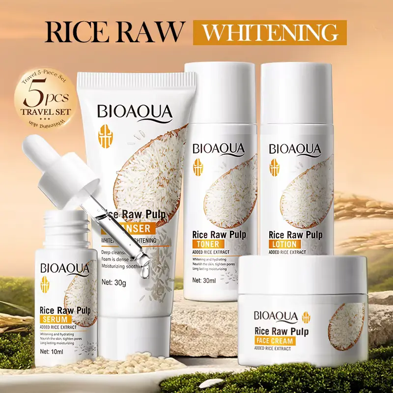 BIOAQUA Rice Skincare Review and 5-piece travel set packaging.