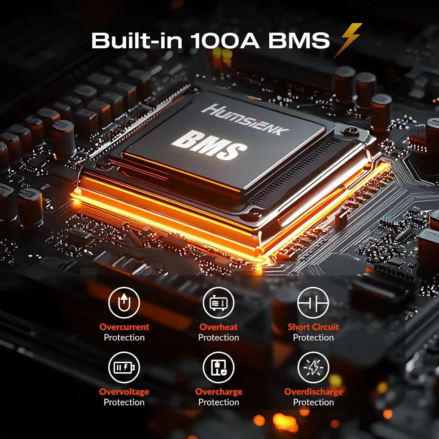 Close-up of built-in 100A BMS showing overcurrent, overheat, and short circuit protection