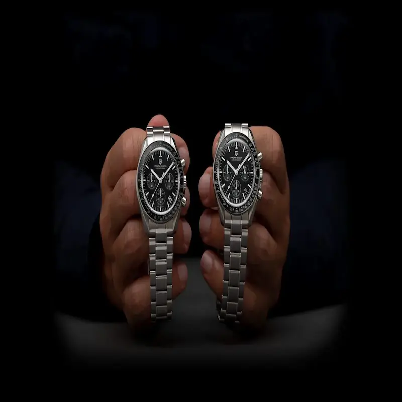 Side by side close up comparison of two black dial quartz wristwatches.
