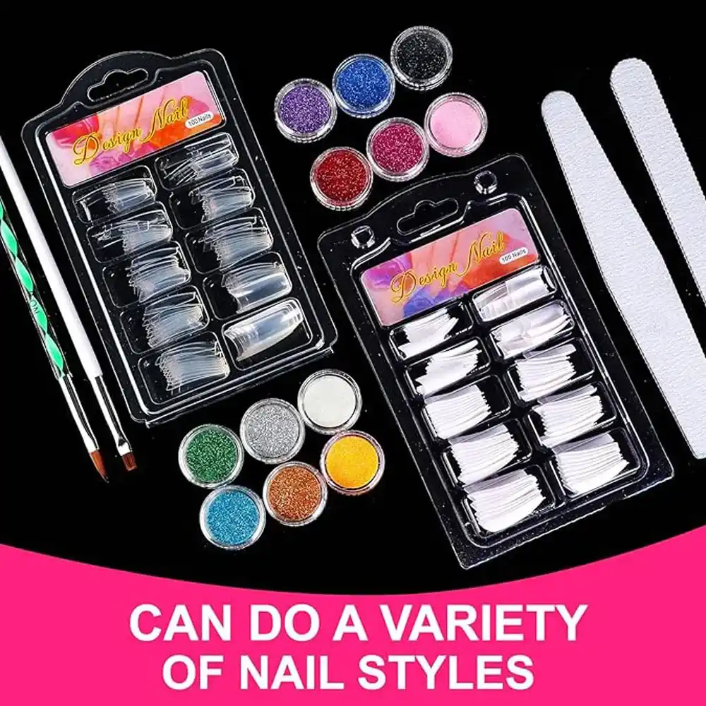 A comprehensive nail art starter kit containing clear and white nail tips, glitter jars, nail files, and professional application brushes.