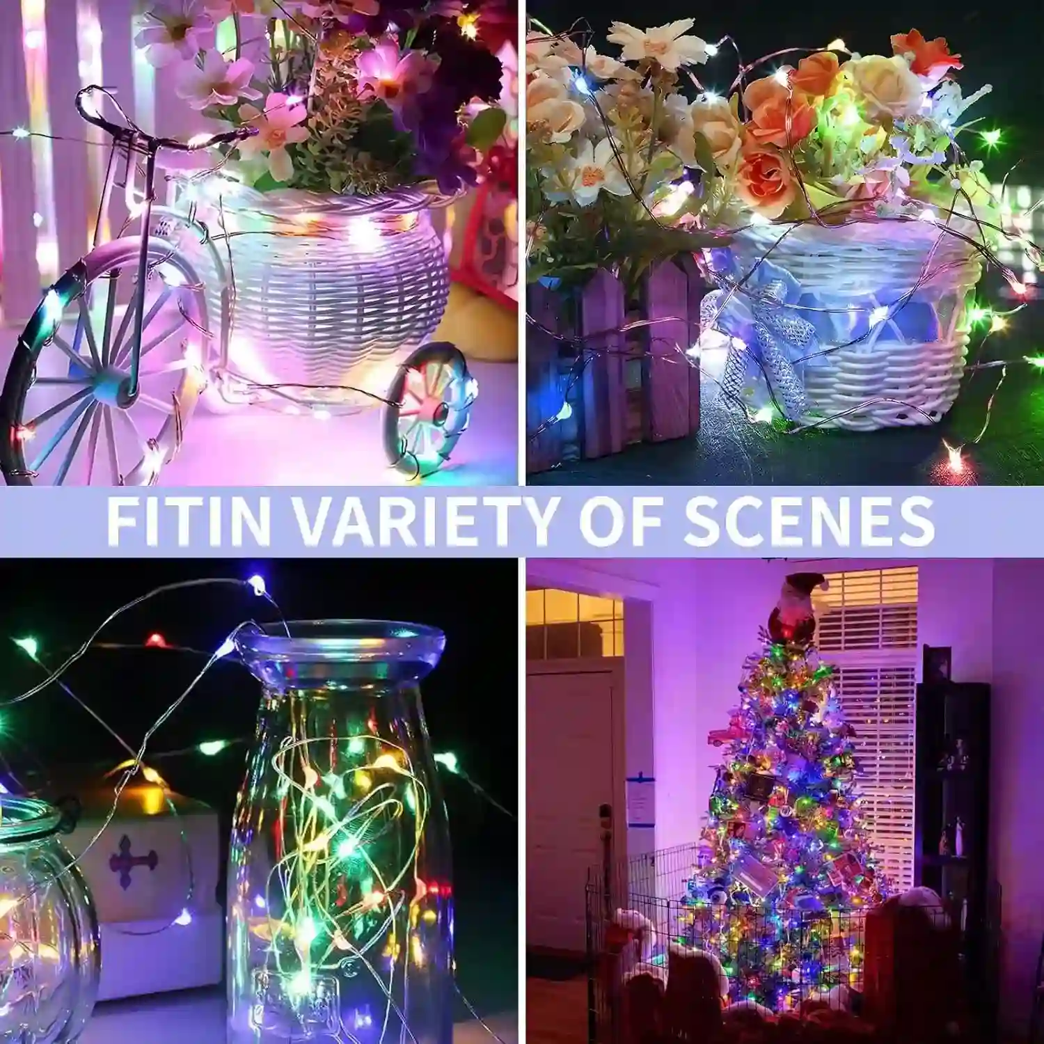 Creative scenes showing solar lights in flower baskets and glass bottles