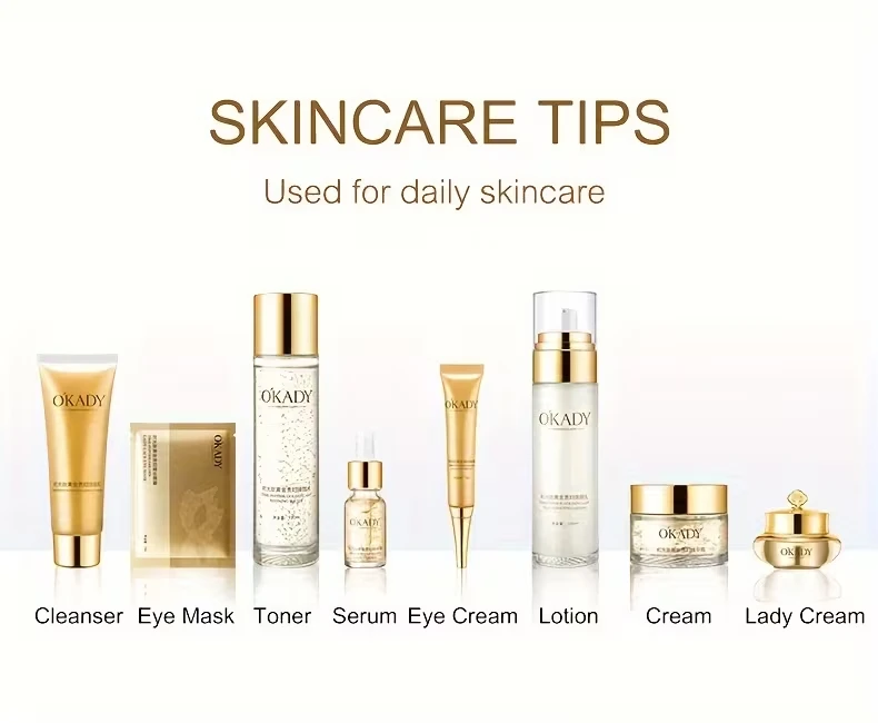 Full lineup of Okady skincare products from cleanser to lady cream with usage labels.