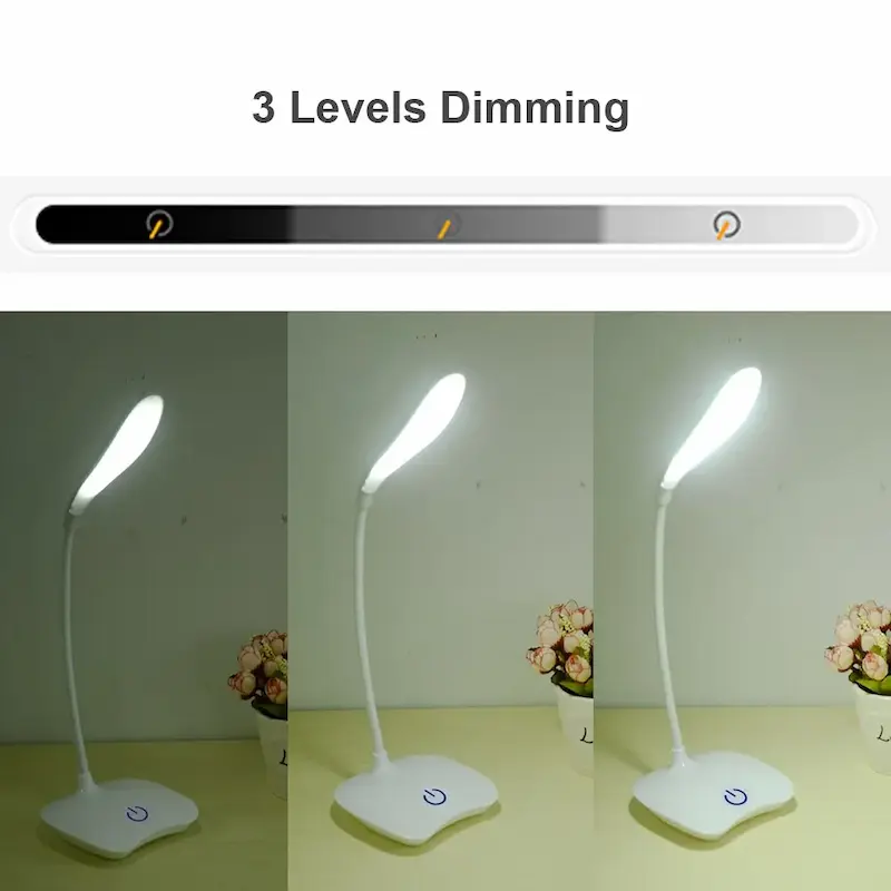 3 levels dimming comparison of a white desktop desk lamp on a study table.