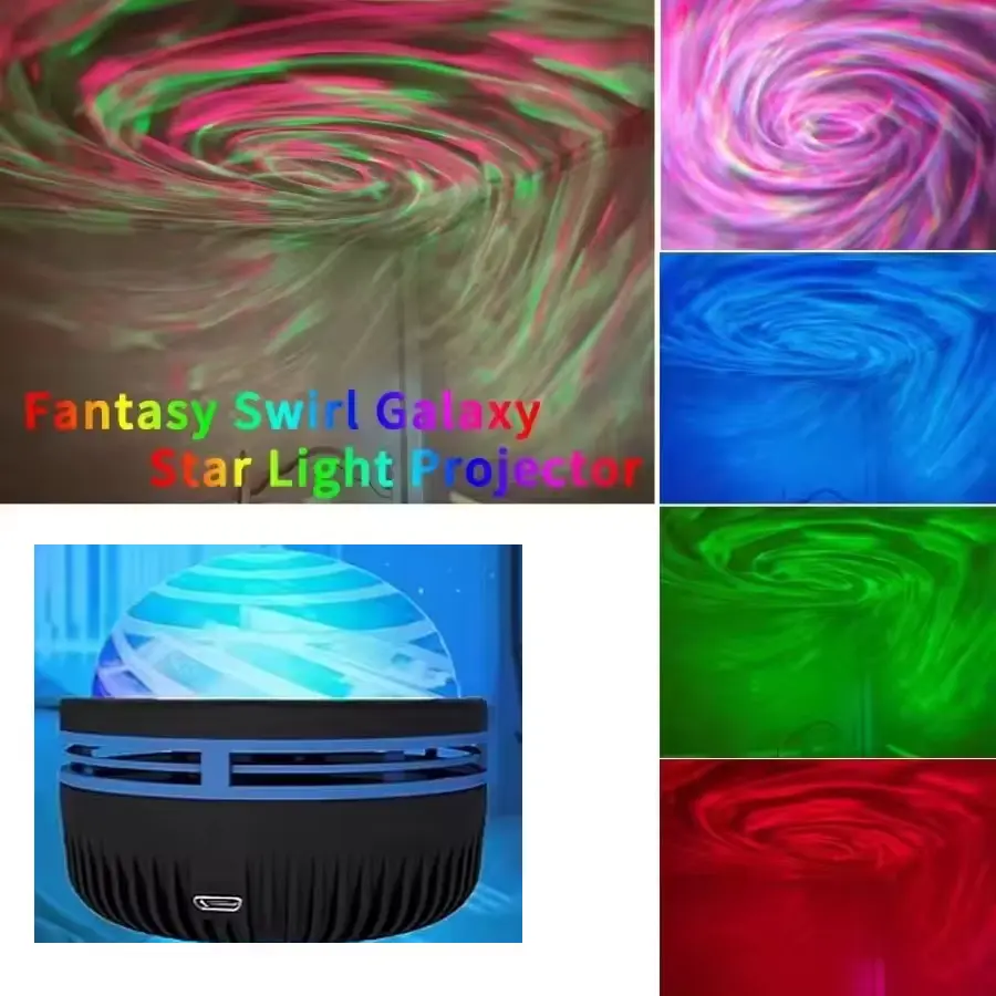 Product showcase of the Fantasy Swirl Galaxy Star Light Projector with multiple color examples.