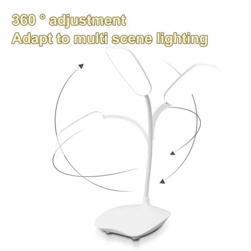 Diagram demonstrating the 360 degree adjustment and multi scene lighting flexibility of the white desk light