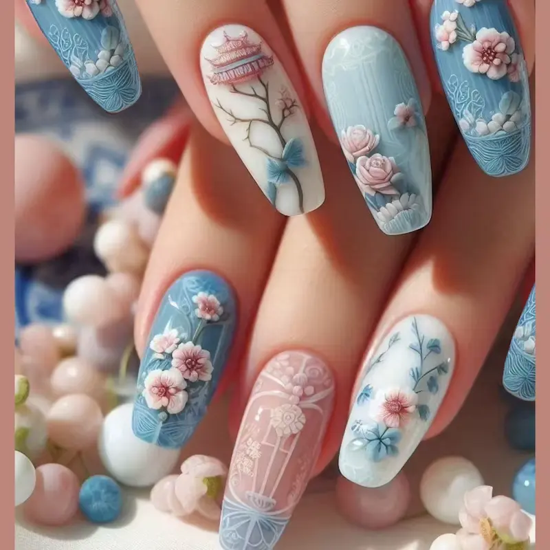 Premium 3D flower pink long coffin false nail design compared with traditional acrylic nail kit review items.