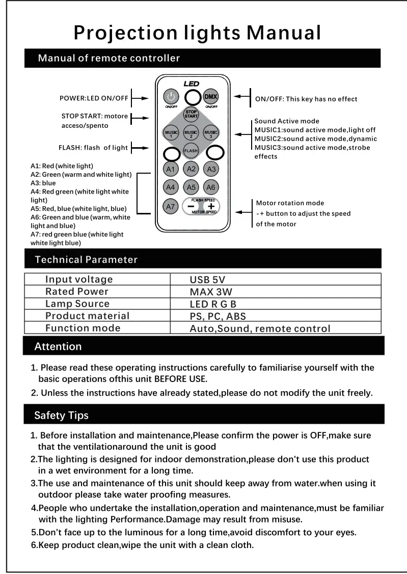 Detailed user manual and technical parameters for the LED galaxy projection light remote control.