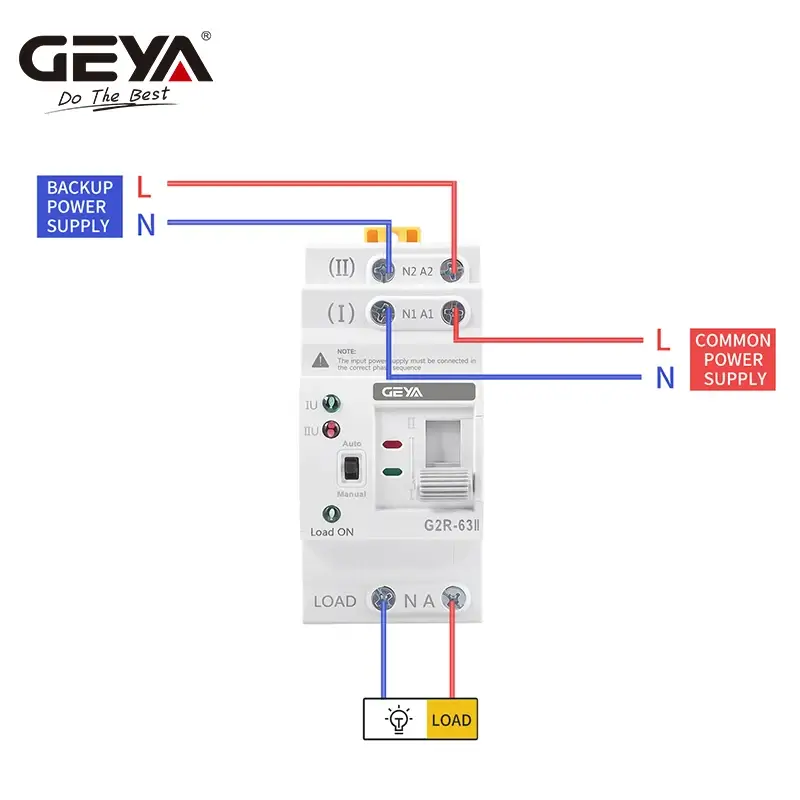 2-Pole (2P) GEYA Automatic Transfer Switch connection diagram for single-phase backup power.