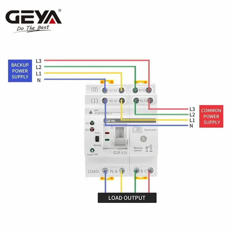 4P automatic transfer switch wiring diagram with generator and normal power supply options.