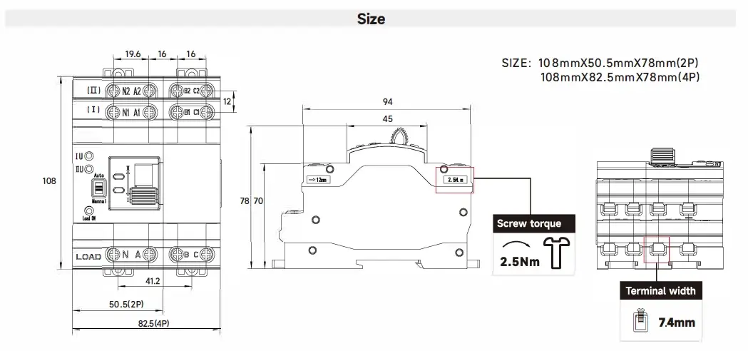Technical drawing showing dimensions and screw torque specifications for GEYA ATS.