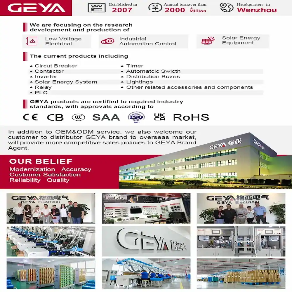 GEYA company profile overview highlighting industrial automation control and low voltage electrical manufacturing setup.