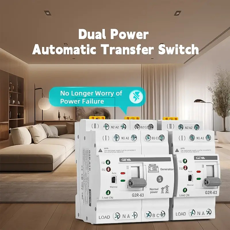 GEYA G2R-63 Dual Power Automatic Transfer Switch shown in a modern living room setting.