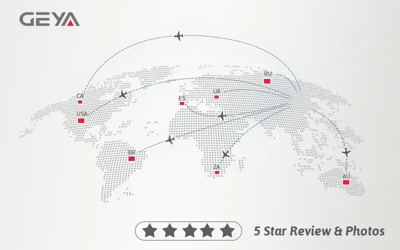 GEYA Global distribution map showing worldwide shipping to USA, CA, RU, and AU.
