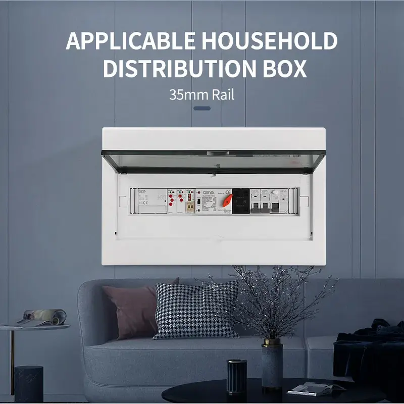 The GEYA W2R automatic transfer switch perfectly installed on a standard 35mm Din Rail inside a clean, modern living room distribution box.
