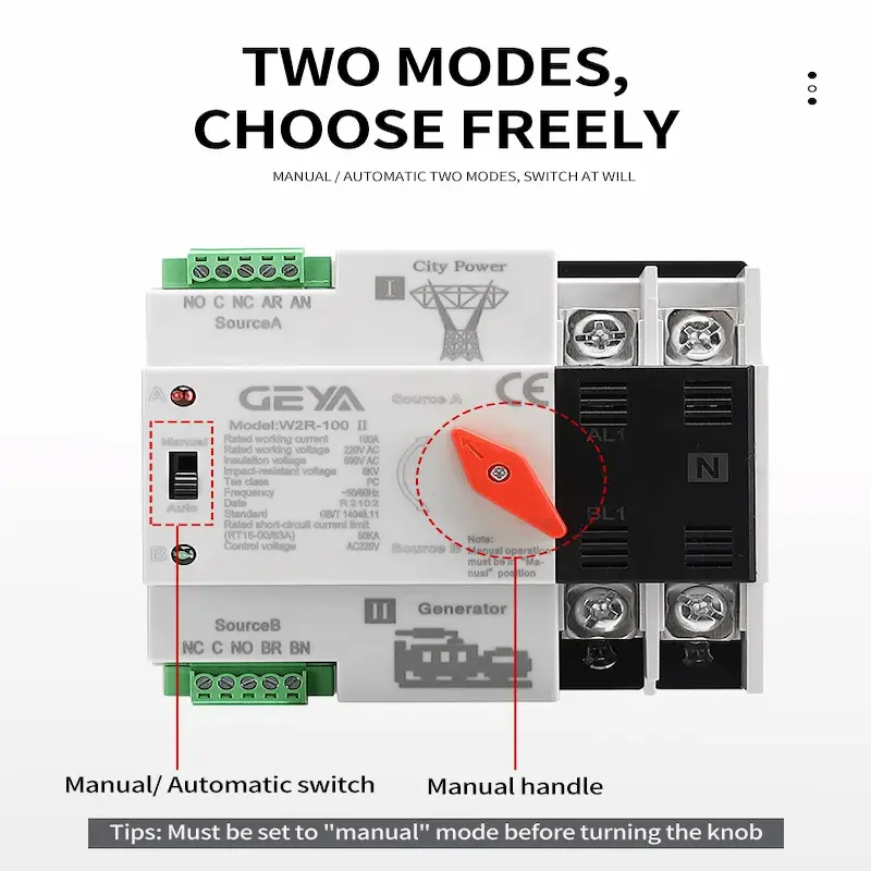 GEYA W2R transfer switch highlighting the manual and automatic toggle switch alongside the manual operation red handle.