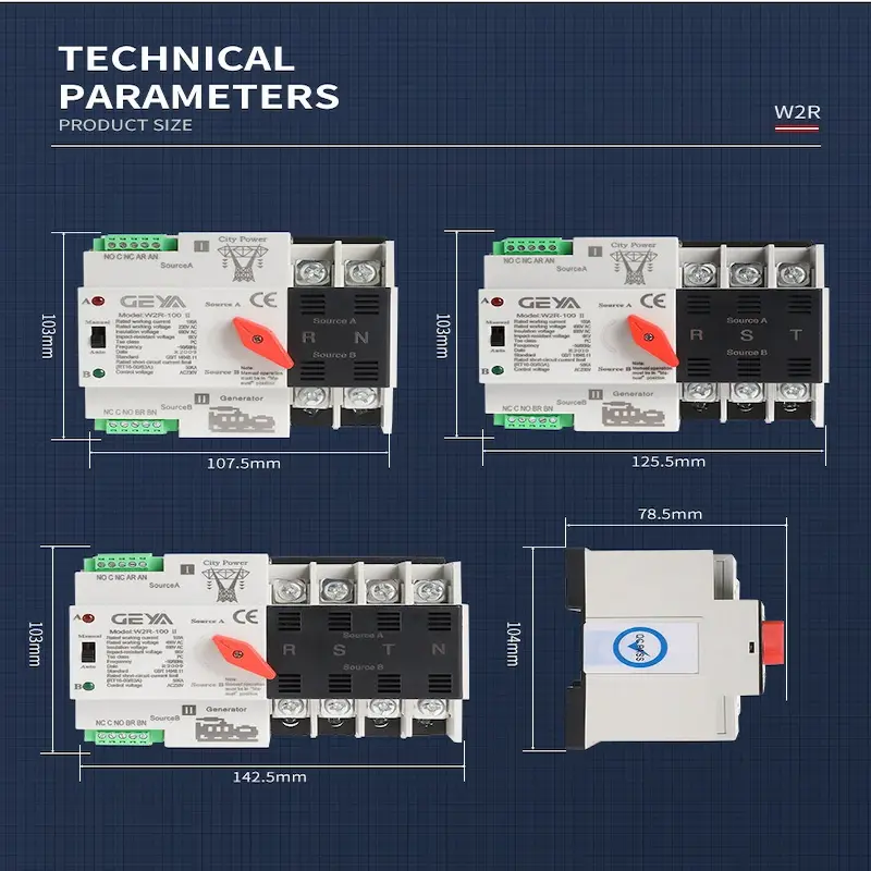 Technical parameters and product size specifications diagram for the different models in this GEYA W2R ATS Review.